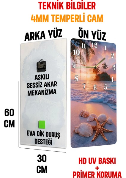 Tropikal Gün Batımı ve Deniz Kabukları Temalı Temperli Cam Duvar Saati – 33X33 cm Uv Baskı– CUSD064