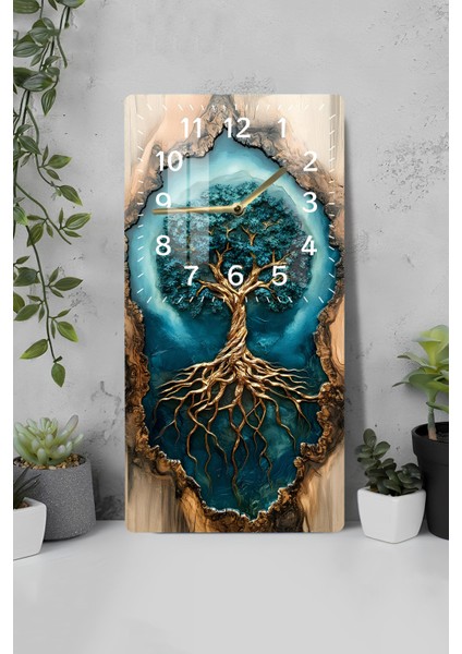 Temperli Cam Tablo Saat – Hayat Ağacı Desenli (30X60 Cm) Uv Baskı – CUSD033