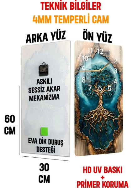 Temperli Cam Tablo Saat – Hayat Ağacı Desenli (30X60 Cm) Uv Baskı – CUSD033