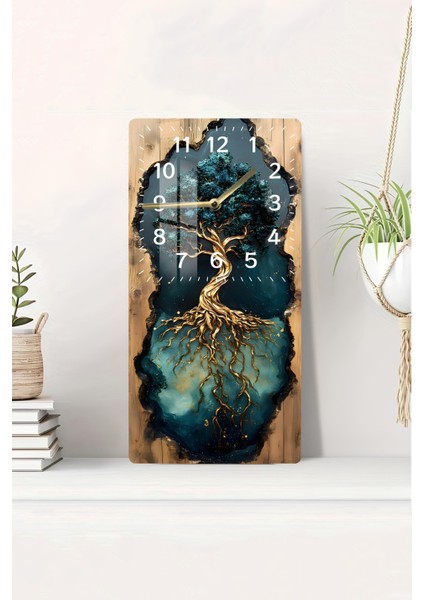 Kökleriyle Hayat Ağacı Tasarımlı Temperli Cam Tablo Saat – 30X60 cm Uv Baskı – CUSD017