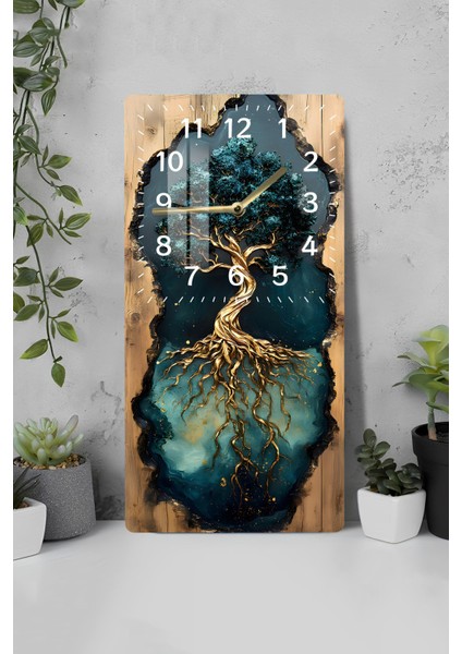 Kökleriyle Hayat Ağacı Tasarımlı Temperli Cam Tablo Saat – 30X60 cm Uv Baskı – CUSD017
