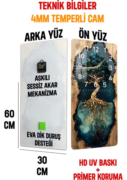 Kökleriyle Hayat Ağacı Tasarımlı Temperli Cam Tablo Saat – 30X60 cm Uv Baskı – CUSD017