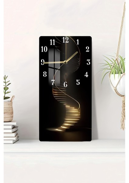 Altın Işıklı Spiral Merdiven Tasarımlı Temperli Cam Tablo Saat – 30×60 cm Hd Uv Baskı– CUSD207