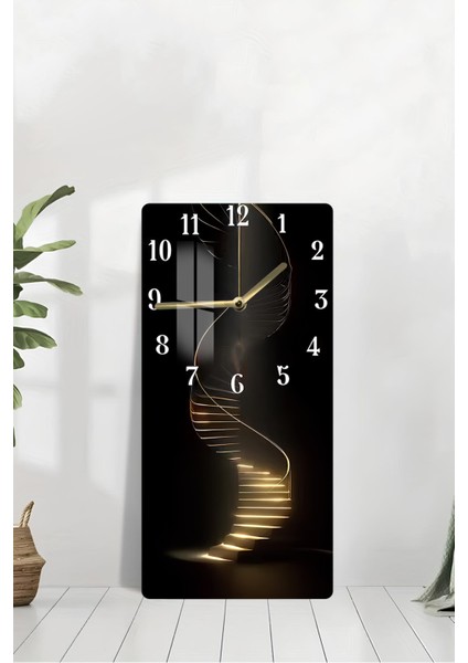 Altın Işıklı Spiral Merdiven Tasarımlı Temperli Cam Tablo Saat – 30×60 cm Hd Uv Baskı– CUSD207 modelleri