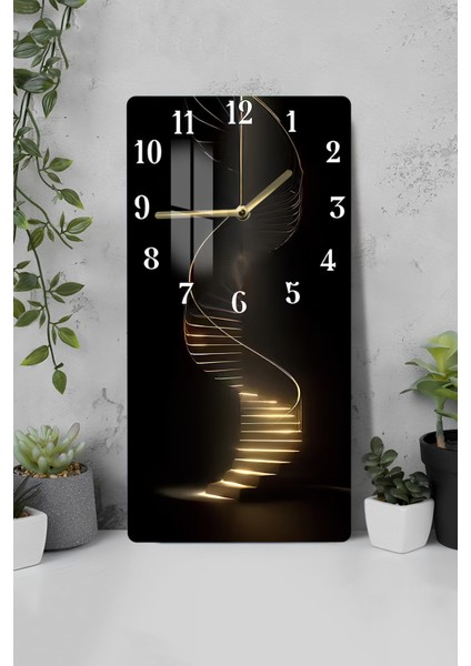 Altın Işıklı Spiral Merdiven Tasarımlı Temperli Cam Tablo Saat – 30×60 cm Hd Uv Baskı– CUSD207