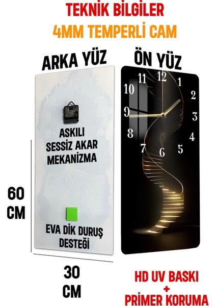 Altın Işıklı Spiral Merdiven Tasarımlı Temperli Cam Tablo Saat – 30×60 cm Hd Uv Baskı– CUSD207