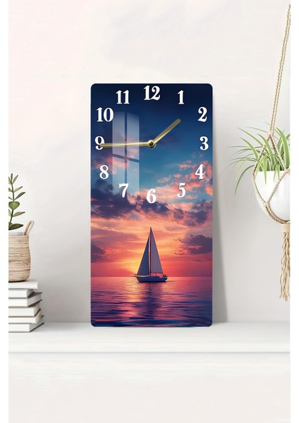 Gün Batımında Yelkenli Tekne Temalı Temperli Cam Duvar Saati – 30X60 cm Hd Uv Baskı– CUSD057