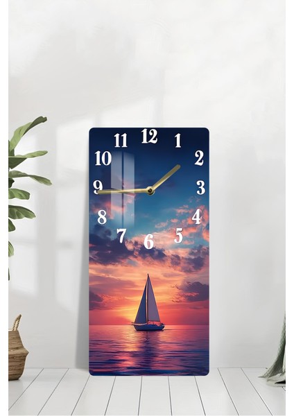 Gün Batımında Yelkenli Tekne Temalı Temperli Cam Duvar Saati – 30X60 cm Hd Uv Baskı– CUSD057 modelleri