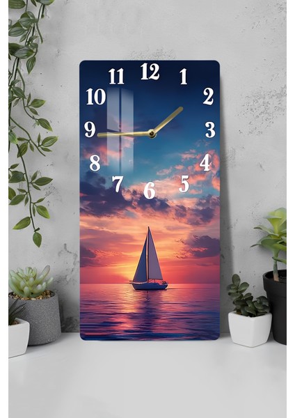 Gün Batımında Yelkenli Tekne Temalı Temperli Cam Duvar Saati – 30X60 cm Hd Uv Baskı– CUSD057