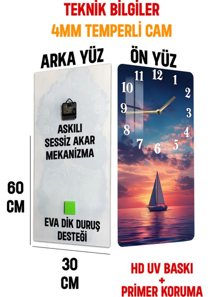 Gün Batımında Yelkenli Tekne Temalı Temperli Cam Duvar Saati – 30X60 cm Hd Uv Baskı– CUSD057