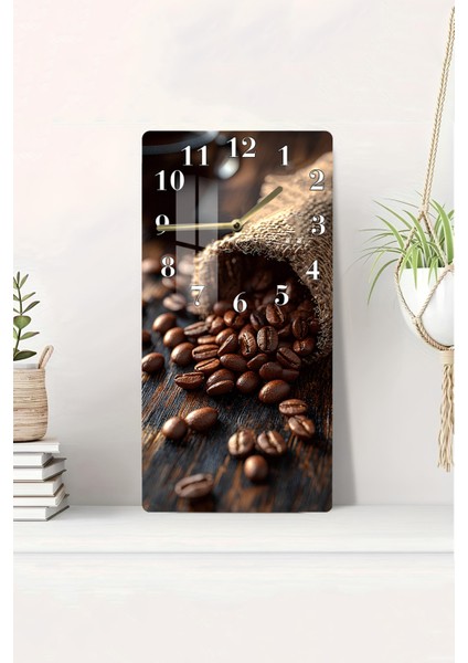 Temperli Cam Tablo Saat – Kahve Çekirdekleri Desenli 30X60CM Uv Baskı – CUSD009