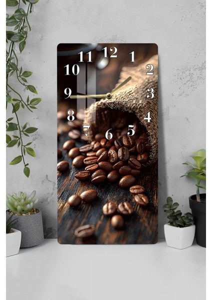 Temperli Cam Tablo Saat – Kahve Çekirdekleri Desenli 30X60CM Uv Baskı – CUSD009