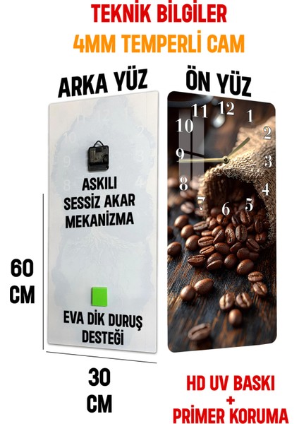 Temperli Cam Tablo Saat – Kahve Çekirdekleri Desenli 30X60CM Uv Baskı – CUSD009