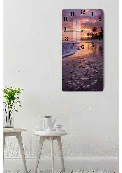 Gün Batımı ve Deniz Kabukları Temalı Temperli Cam Tablo Saat – 30X60 cm | Hd Uv Baskı CUSD079 indirimleri