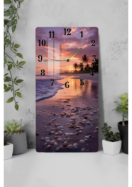Gün Batımı ve Deniz Kabukları Temalı Temperli Cam Tablo Saat – 30X60 cm | Hd Uv Baskı CUSD079
