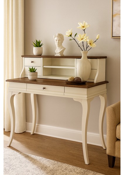 120 cm 5 Çekmeceli Masif Krem Ceviz Raflı Çalışma Masası