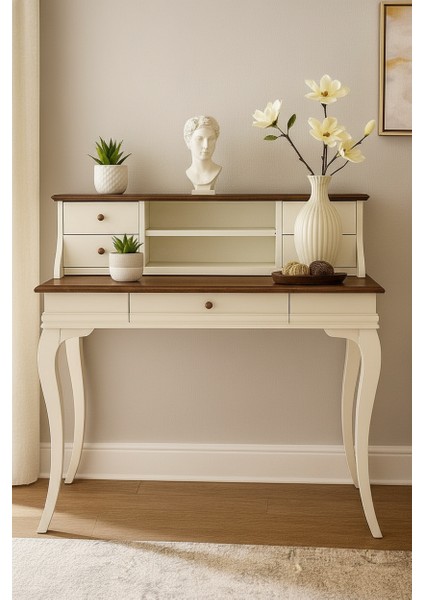 120 cm 5 Çekmeceli Masif Krem Ceviz Raflı Çalışma Masası fiyatları