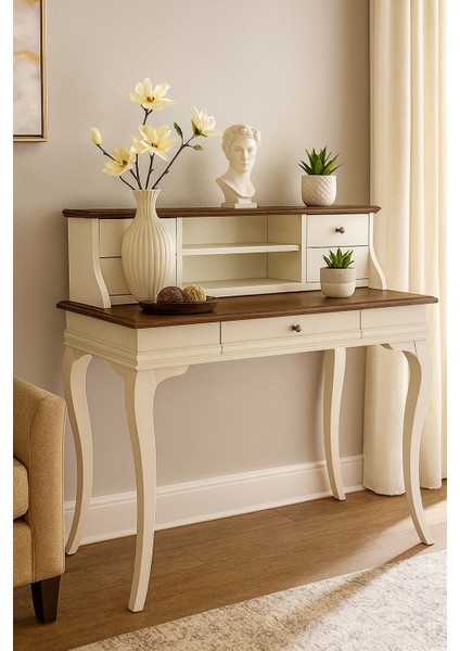 120 cm 5 Çekmeceli Masif Krem Ceviz Raflı Çalışma Masası modelleri