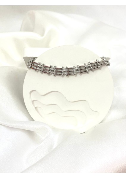 Taşlı Gümüş Tren Yolu Çelik Bileklik