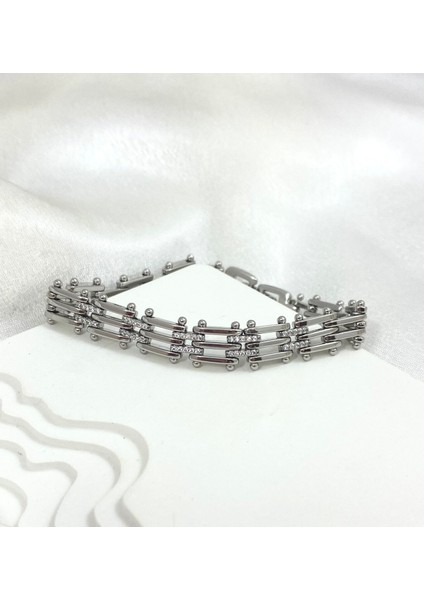 Taşlı Gümüş Tren Yolu Çelik Bileklik fiyatları