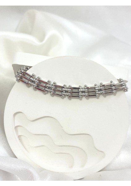 Taşlı Gümüş Tren Yolu Çelik Bileklik modelleri