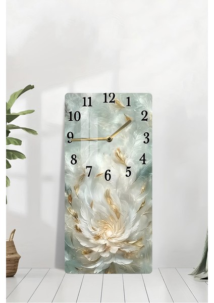 Altın Tüy Desenli Temperli Cam Tablo Saat 30×60 cm Hd Uv Baskı– CUSD222 modelleri