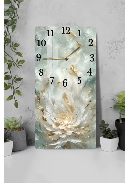 Altın Tüy Desenli Temperli Cam Tablo Saat 30×60 cm Hd Uv Baskı– CUSD222