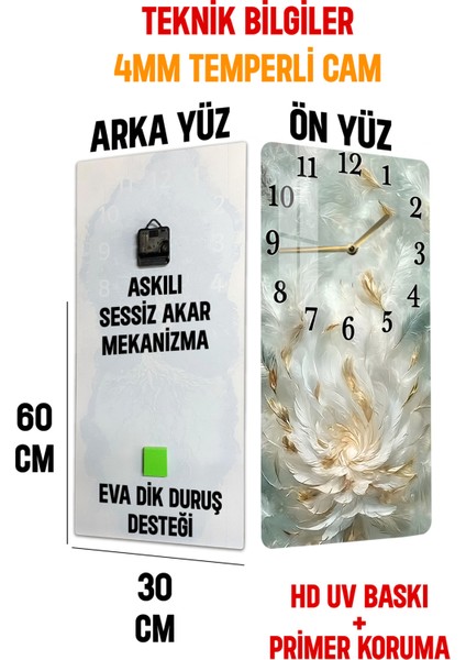 Altın Tüy Desenli Temperli Cam Tablo Saat 30×60 cm Hd Uv Baskı– CUSD222