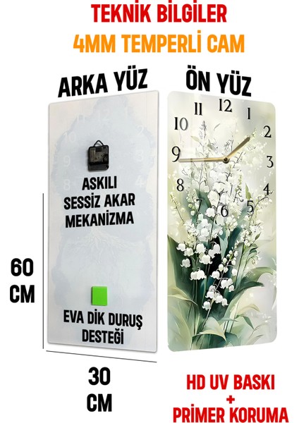 Zambak Çiçekleri Temalı Temperli Cam Tablo Saat 30×60 cm Hd Uv Baskı– CUSD218
