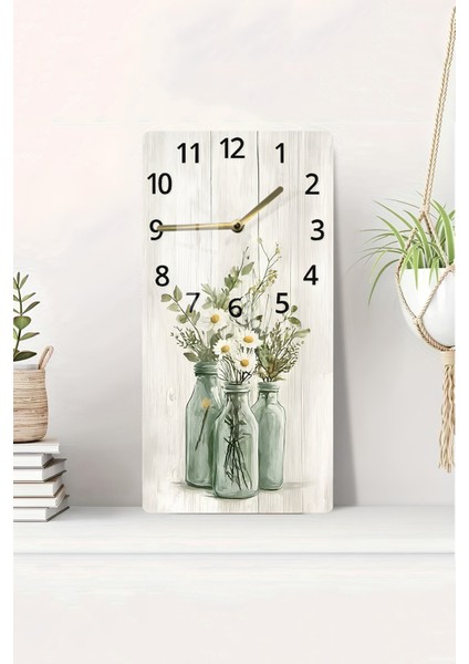 Rustik Yeşil Şişelerde Papatya Desenli Temperli Cam Tablo Saat 30X60 cm |hd Uv Baskı– CUSD200