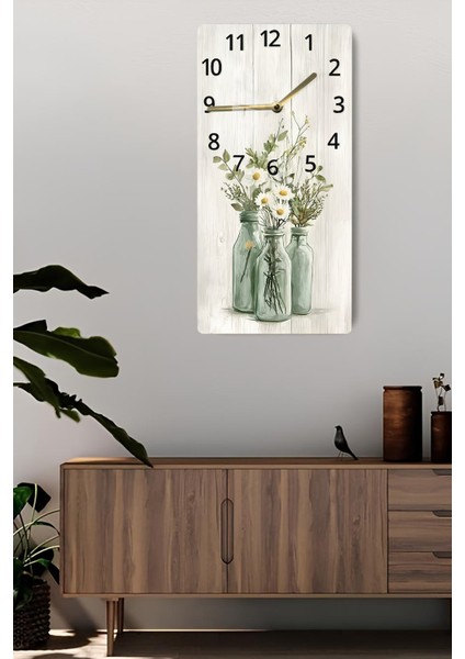 Rustik Yeşil Şişelerde Papatya Desenli Temperli Cam Tablo Saat 30X60 cm |hd Uv Baskı– CUSD200 fiyatları