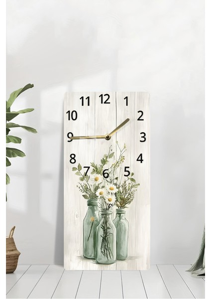 Rustik Yeşil Şişelerde Papatya Desenli Temperli Cam Tablo Saat 30X60 cm |hd Uv Baskı– CUSD200 modelleri