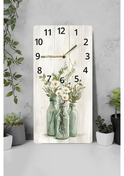 Rustik Yeşil Şişelerde Papatya Desenli Temperli Cam Tablo Saat 30X60 cm |hd Uv Baskı– CUSD200