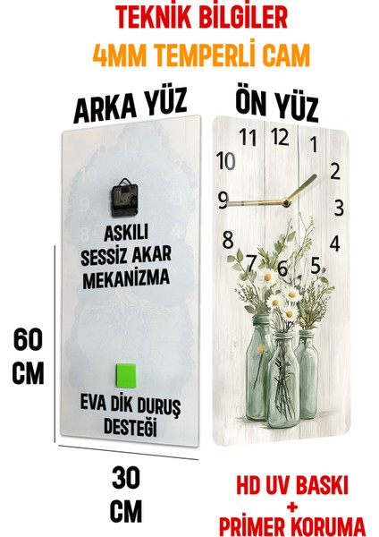 Rustik Yeşil Şişelerde Papatya Desenli Temperli Cam Tablo Saat 30X60 cm |hd Uv Baskı– CUSD200