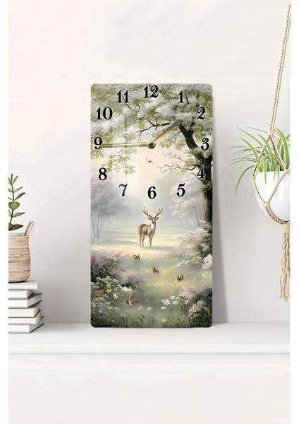 Doğa Manzaralı Geyik Temalı Temperli Cam Tablo Saat – 30×60 Cm– Uv Baskı– CUSD150