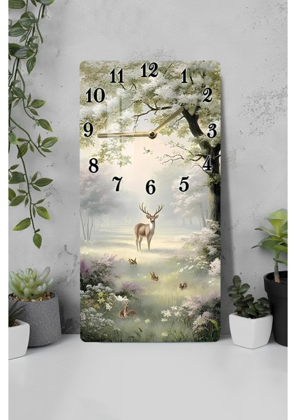 Doğa Manzaralı Geyik Temalı Temperli Cam Tablo Saat – 30×60 Cm– Uv Baskı– CUSD150