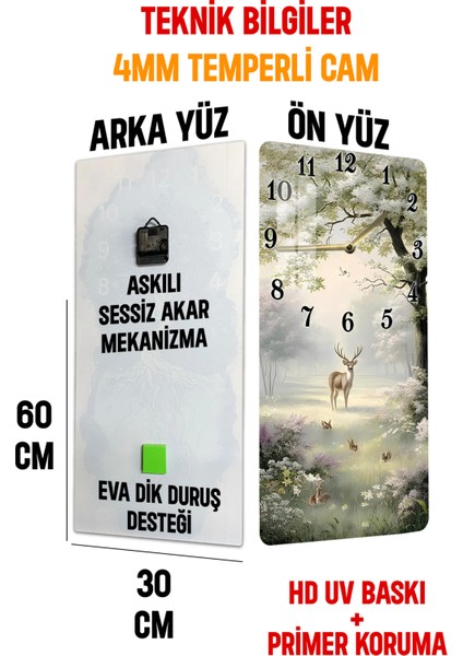 Doğa Manzaralı Geyik Temalı Temperli Cam Tablo Saat – 30×60 Cm– Uv Baskı– CUSD150