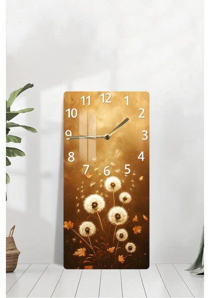 Altın Karahindiba Desenli Temperli Cam Tablo Saat – 30×60 Cm– Uv Baskı– CUSD138 modelleri