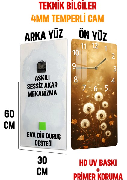 Altın Karahindiba Desenli Temperli Cam Tablo Saat – 30×60 Cm– Uv Baskı– CUSD138