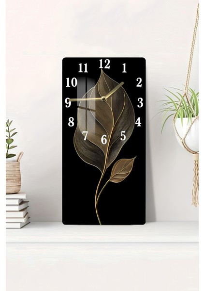 Temperli Cam Tablo Saat – Siyah Zeminli Altın Yaprak Desenli Tasarım (33×33 Cm)– Uv Baskı– CUSD121