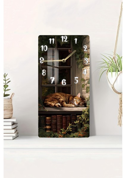 Kitaplık Önünde Uyuyan Kedi Tasarımlı Temperli Cam Tablo Saat – 30X60 cm Uv Baskı – CUSD015