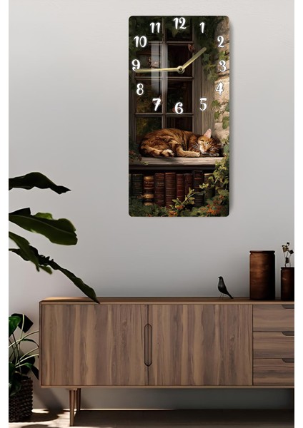 Kitaplık Önünde Uyuyan Kedi Tasarımlı Temperli Cam Tablo Saat – 30X60 cm Uv Baskı – CUSD015 fiyatları