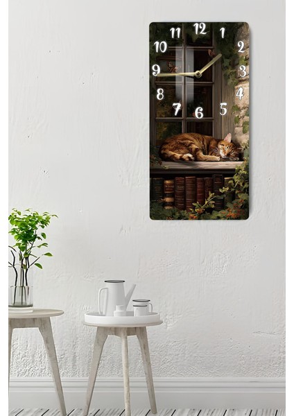 Kitaplık Önünde Uyuyan Kedi Tasarımlı Temperli Cam Tablo Saat – 30X60 cm Uv Baskı – CUSD015 indirimleri