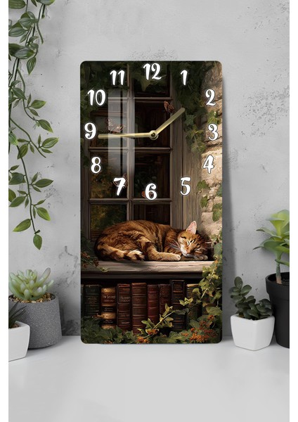 Kitaplık Önünde Uyuyan Kedi Tasarımlı Temperli Cam Tablo Saat – 30X60 cm Uv Baskı – CUSD015