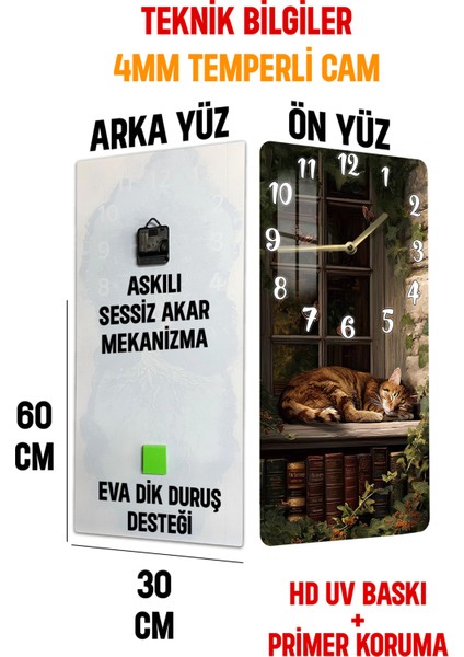 Kitaplık Önünde Uyuyan Kedi Tasarımlı Temperli Cam Tablo Saat – 30X60 cm Uv Baskı – CUSD015