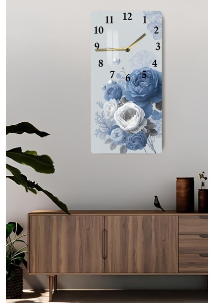Mavi Beyaz Gül Desenli Temperli Cam Tablo Saat 30×60 cm Hd Uv Baskı– CUSD237 fiyatları