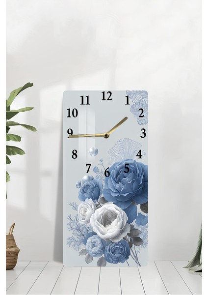 Mavi Beyaz Gül Desenli Temperli Cam Tablo Saat 30×60 cm Hd Uv Baskı– CUSD237 modelleri