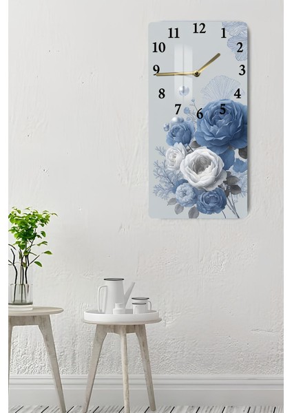 Mavi Beyaz Gül Desenli Temperli Cam Tablo Saat 30×60 cm Hd Uv Baskı– CUSD237 indirimleri