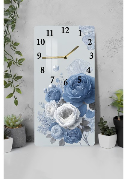 Mavi Beyaz Gül Desenli Temperli Cam Tablo Saat 30×60 cm Hd Uv Baskı– CUSD237