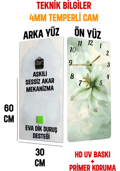 Zambak Çiçekli Temperli Cam Tablo Saat – 30X60 cm | Hd Uv Baskı– CUSD164